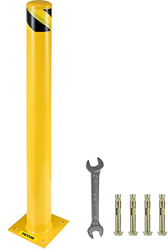 VEVOR Bollard de Sécurité 107x11,4 cm, Borne de Sécurité en Tube d’Acier Durable, Revêtement en Poudre Jaune, Barrière de Sécurité avec 4 Boulons d'Ancrage pour Parking Stationnement Piétons Écoles