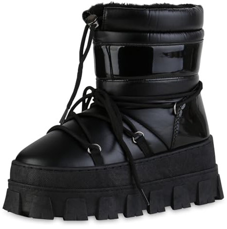 VAN HILL Damen Winter Boots Keilabsatz Lack Bequem Schuhe 216255 Schwarz Lack 38