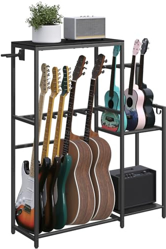 MahanCris Supporto per chitarra multi-chitarra, acustica, elettrica, basso, ukulele, per 7 strumenti, AMP, accessori e custodia in EVA