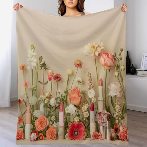TOWINSFB Modern Rose Lipstick Throw Blanket, Soft Cozy Warm Flannel Floral Romantic Plant Garden Blanket for Couch Sofa Bed, 60x80