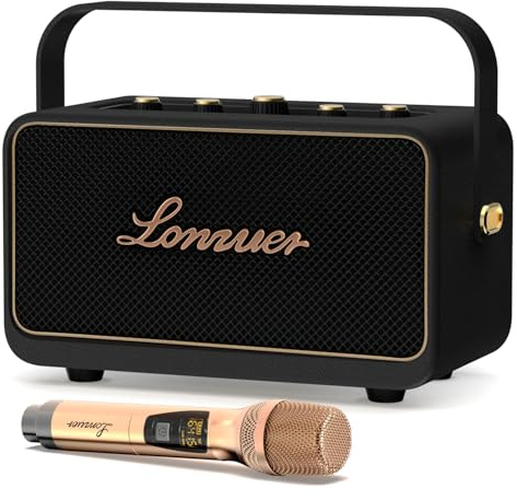 Altoparlante portatile per karaoke, altoparlante Bluetooth retrò in legno da 80W con microfono, batteria da 10000mAh, tempo di riproduzione 10 ore, BT, AUX, USB, TWS, adatto per feste e viaggi (Nero)