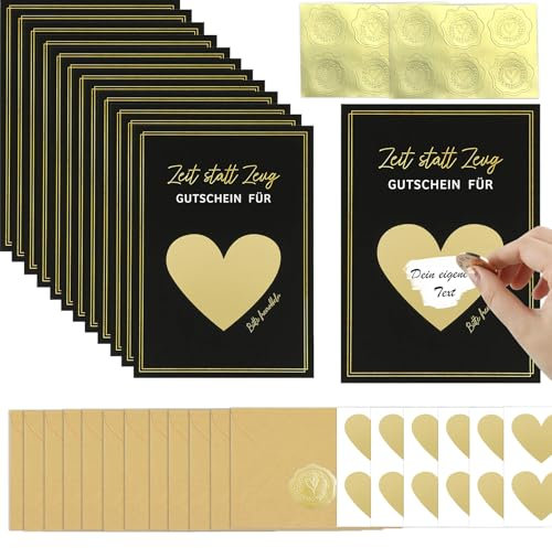 Gutschein zum Selber Ausfüllen, 12 Set DIY Rubbelkarten mit Umschlag Aufkleber und Herzform Rubbelaufkleber, Zeit statt Zeug Rubbelkarten zum Selber Beschriften für Geburtstag Hochzeit Party