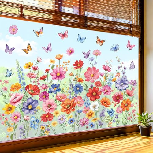 decalmile Adesivi per Finestra Fiori Colorati Selvatici Primaverile Estate Decalcomanie per Finestre Fiore Giardino Farfalla Pianta Non Adesiva Adesivi Anti-Collisione Finestra Vetro Porte Cucina