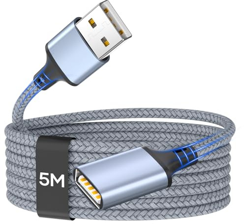 Zestiq Câble Rallonge USB 2.0, Câble Extension USB Mâle A vers Femelle A Compatible avec Hubs, Imprimantes, Lecteurs de Cartes, Manette PS4/PS5/Xbox, Scanners - 5M