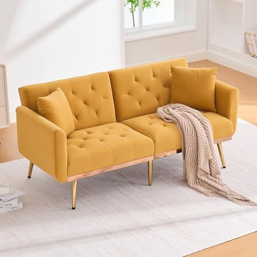 PUGSDRLY Canapé 2 Places en Velours avec Dossier inclinable, 2 Coussins, Pieds métalliques, idéal pour Salons, Chambres à Coucher et espaces compacts (Mustard Yellow)