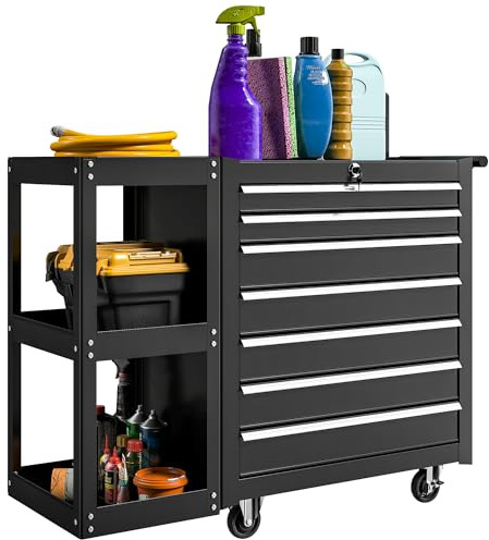 HOMCOM Servante d'Atelier en Acier à 7 Tiroirs Verrouillable 2 Clés Noir | Chariot à Outils sur Roulettes, Étagère Latérale Amovible, Tapis EVA de Protection, Caisse à Outils, Atelier, Garage