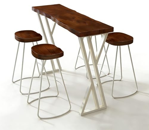 X-Ben Barbord-Set - Matsalsbord med 4 Pallar, Massiv Trätopp & Metallram, för Kök, Terrass, Liten Lägenhet och Hembar(Brown,180cm)