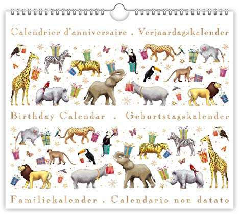 Quire Collections Birthday Calendar - Safari Animals Design - Beautifully Embossed with Gold and Silver Foil - Size 225mm x 195mm,Multicoloured