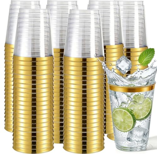 Tebery 100 Pack 12oz Gold Rimmed Plastic Cups, Clear Crystal Plastic Tumblers, Reusable Shot Glasses, Elegant Party Cups