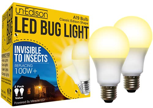 Un-Edison Luz LED A19 para insectos, sustituye a 100 W, espectro amarillo, E26, bombilla mediana para exteriores, para porche, porche, patio y terraza, actualiza tus viejas bombillas de insectos