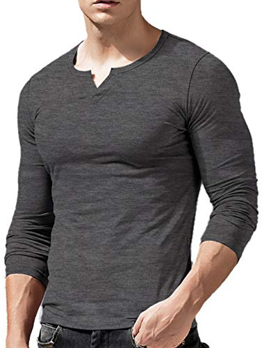 Uomo vestibilità Slim Manica Lunga Henley Maglietta Casuale Scollo a V. Magliette Cotone Grigio Scuro Small