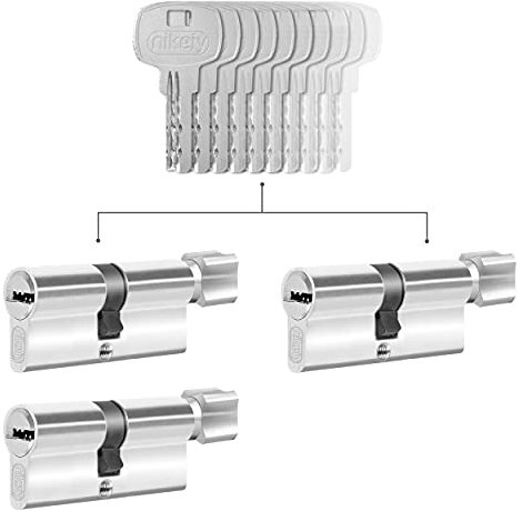 GERCAR 3 cilindros de cierre uniforme 30/30, incluye 15 llaves – 60 mm – Cerradura de cilindro con función N+G – Juego de 3 unidades – Longitud: 60 mm A: 30 B: 30