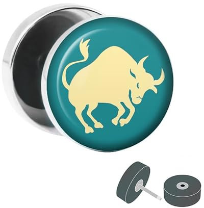 Treuheld® | Fake Plug Sternzeichen Stier - Ø 10mm Bild Ohrstecker mit Motiv zum Schrauben - Chirurgenstahl Ohr Faketunnel Silber - Tunnel Ohrringe Ohrring Stahl Fakeplug