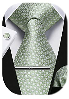 HISDERN Men Tie Sage Green Ties for Men Silk Woven Men's Neckties and Pocket Square Cufflinks Tie Clip Set Formal Business Sage Necktie