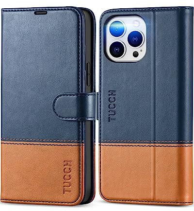 TUCCH Hülle für iPhone 13 Pro Max Handyhülle [RFID Blocker] [TPU] [Kartenfächer] [Ständer] [Magnet], Stoßfeste Schutzhülle, Cover kompatibel mit iPhone 13 Pro Max (6,7 Zoll) Blau-Braun