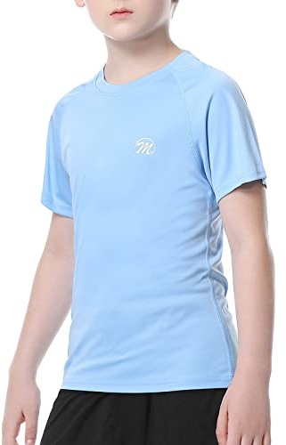 MEETWEE Garçon Fille Manches Longues/Courtes Rashguard Vest,Enfants Natation Séchage Rapide Top UV Protection Solaire pour Surf Beach Pool,Bleu Clair-1,14 Ans