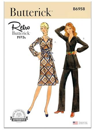 Butterick B6958Y5 Damenkleid, Tunika und Hose im Vintage-Stil der 70er Jahre Schnittmuster-Set, Design-Code B6958, Papier, Mehrfarbig, 18-20-22-24-26