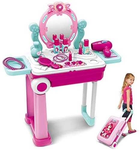 BAKAJI Trolley Beauty Bellezza per Bambine 2 in 1, Specchiera Trucchi Giocattolo Richiudibile Salvaspazio e Trasportabile, Gioco con Luci e Suoni con Tantissimi Accessori, Valigia Make Up con Ruote