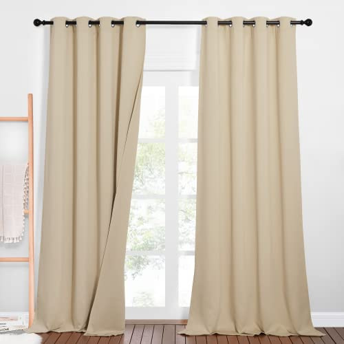 PONY DANCE Tende Fonoassorbenti con Anelli Beige per Salotto - Termiche Isolanti per Interni, Oscuranti a Tre Strati per Camera da Letto, 2 Pezzi 132x260 CM