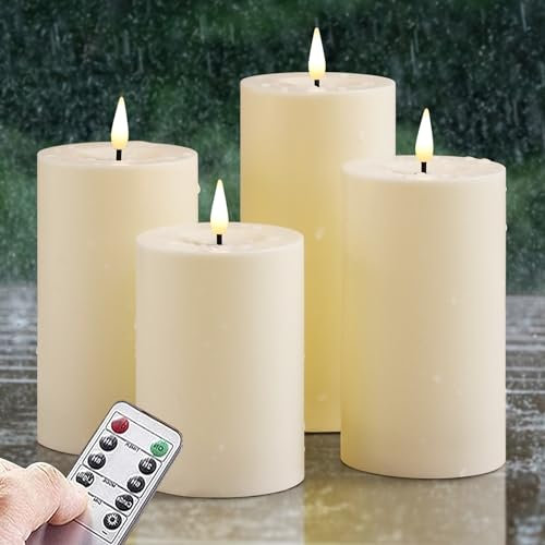 Zevanor 7cm x 10cm 12,5cm 12,5cm 15cm Flammenlose wasserdichte LED-Kerzen mit Fernbedienung und Timerfunktion, batteriebetrieben flackernde Elfenbein Kunststoff-Kerzen für den Außenbereich (4er Pack)
