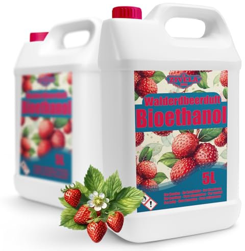 Bioetanol 96,6% 10 L | Alcohol orgánico aroma a fresa silvestre 96,6% 2 x 5 l | Bioetanol para chimenea, chimenea de mesa | Bioetanol aroma a fresa silvestre | Combustión limpia, sin humo, llama viva