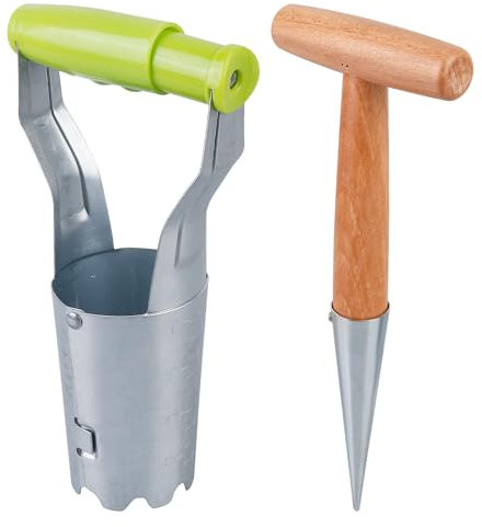 Plantador de bulbos, juego de 2, plantador de cebollas con escala de profundidad, ayuda para bulbos, metal y madera, ayuda para plantar bulbos, ayuda para jardinería, verde