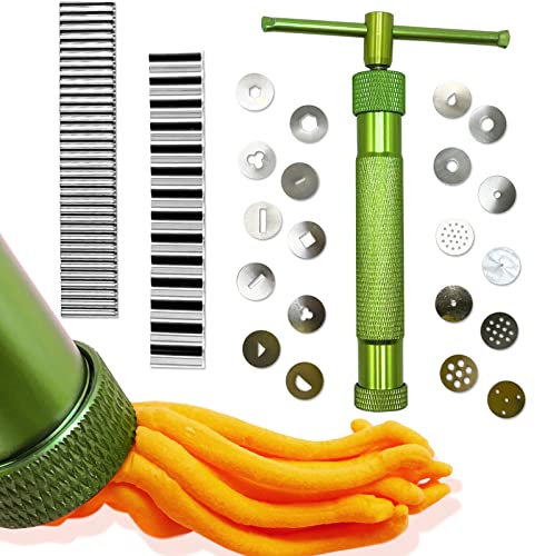REBECASKYENS Prensa para fondant con 20 formas de pasta de azúcar extrusora con herramientas para decoración de tartas, 3 cortadores de arcilla de acero inoxidable, cuchillas de corte de arcilla