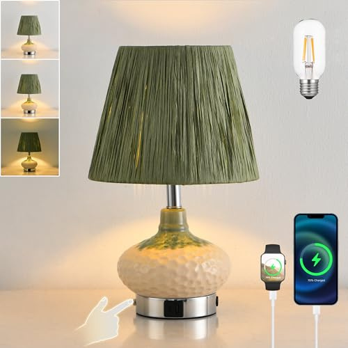 JHYPVII Kabellose Keramik Tischlampe mit Touch Dimmbar, E27 Batteriebetriebe Tischleuchte mit Ladefunktion USB A+C Anschlüssen Grün Lampeschirm Tragbare Nachttischlampe für Schlafzimmer Wohnzimmer