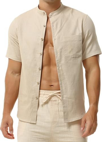 Hoerev Chemise à Manches Courtes en Lin mélangé de Coton, col Mao pour Homme,Beige,XL