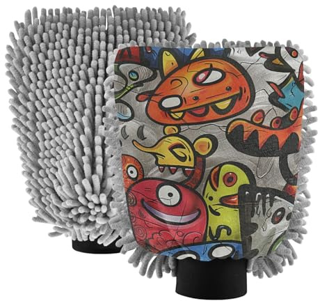 Guante de lavado de coche con diseño de monstruo colorido de dibujos animados, no raya, cepillo de mano