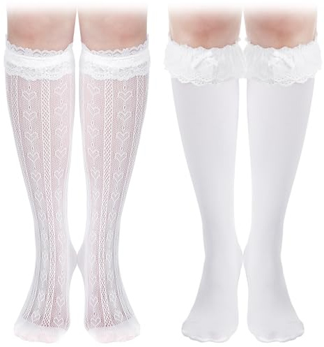 Sintege 2 Paires Chaussettes Traditionnelles pour Femme blancs(Demi-longueur Avec Dentelle)