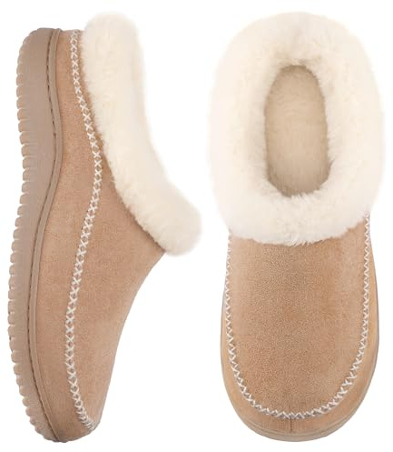 Zigzagger Women's Moccasin Slip-On Fuzzy Slippers - House Shoes Indoor Outdoor with Microsuede & Fluffy Fur Fleece, Cozy Warm Comfy Memory-Foam Loafer (Sand, Size 7-8)