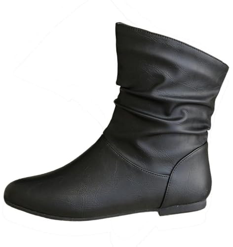 Botas holgadas para mujer, con puntera redonda, tacón bajo, de cuero, vintage, para exteriores, cómodas, informales, para invierno, botas de equitación, sin cordones, a media pantorrilla, zapatos de