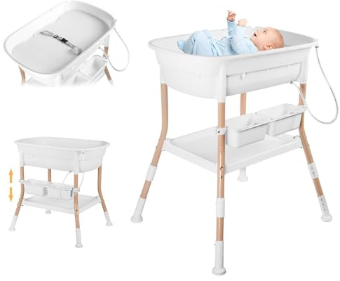 Baignoire & Table à Langer Bébé, Hauteur Réglable, Grand Espace de Rangement, Structure Stable, Drainage Facile de la Baignoire, jusqu’à 15kg
