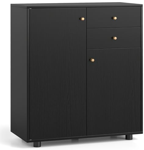 COSTWAY Storage Cabinet, 2 Door Buffet Sideboard with 2 Drawers, 3 Adjustable Shelves & Anti-tipping Device, Freestanding Kitchen Cupboard Organiser Unit for Dining Living Room Hallway (Black)