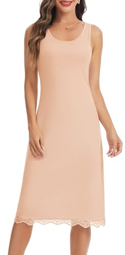 Lovasy Sottoveste Donna Lunga con Pizzo Sottovesti in Modal Senza Maniche Sexy Camicia da Notte con Spalla Larga Sottoveste Gonna Elegante Modellante Antistatica,A-Beige,XL