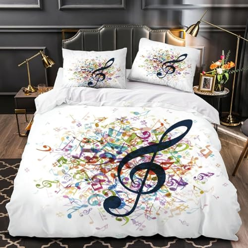 Funda Edredón 220x240 cm Notas Musicales Negras Funda nordica Cama 150 cm Notas Musicales Coloridas Ropa de Cama de Microfibra Suave y 2 Fundas de Almohada 50x75 cm para niños Adolescentes y Adulto H2