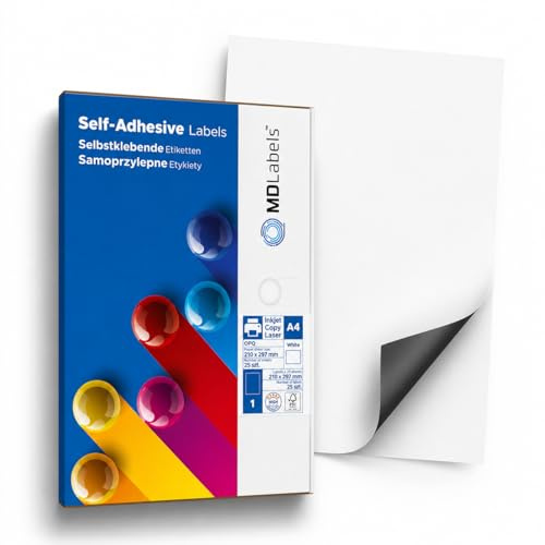 MD Labels Etiquetas Opacas A4 210 x 297 mm – OPQ Alta Cobertura, Ideales para Cubrir Etiquetas Antiguas, 25 Hojas, Compatibles con Impresoras Láser e Inkjet, Etiquetas de Envío y Dirección