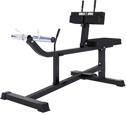 GORILLA SPORTS® Wadenmaschine - 126 x 61 x 100 cm, 5-Fach Höhenverstellbar, mit Aufnahme für 30 mm und 50 mm Hantelscheiben, 2 Federverschlüssen, gepolstert, Schwarz - Wadenstrecker, Wadenrainer