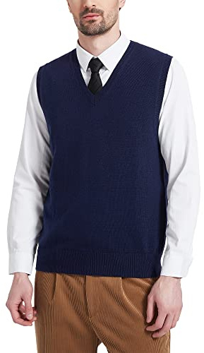 Kallspin Men’s Wool Blend Sweater Vest Sleeveless Jumper V Neck Pullover Smart Casual Knitwear(Navy Blue, L)