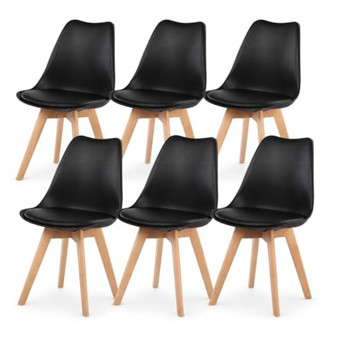 EGGREE - Set di 6 sedie da pranzo, stile rétro, con gambe in legno massello di faggio e imbottitura, colore: nero