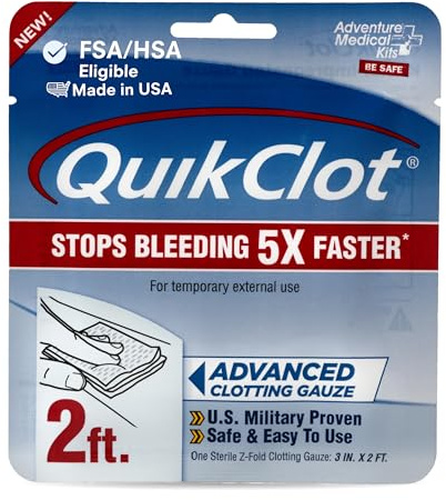 Adventure Medical Kits QuikClot Advanced Clotting Gauze - Stops Bleeding Up to 5X Faster Than Standard Gauze - Kaolin Hemostatic Dressing - for First Aid Kits & Survival Gear - 3 x 24
