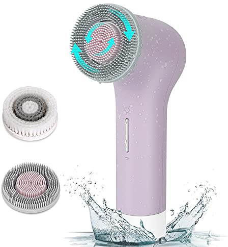 MYCARBON Elektrische Gesichtsreinigungsbürste IPX7 Wasserdicht Gesichtsbürste Wiederaufladbar 2500mAh USB-Akku Reinigungsbürste mit 2×360° Bürstenkopf für Hauttyps Exfoliation, Tiefenreinigung Violett