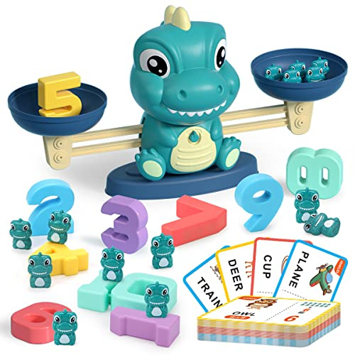 REMOKING Dinosaur Balance Math Game for Kids, Counting & Early Maths Learning Toy with Numbers, Flash Cards & Abacus, Montessori Educational Toy for Preschool Toddlers Age 3–7