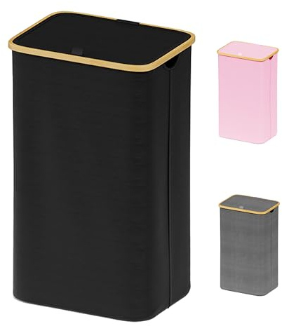 SUOCO Laundry Basket with Lid, 29 Gal (110L) Clothes Hamper with Bamboo Handles, Large Foldable Laundry Hamper for Bedroom, Bathroom, Dorm, Laundry Room - Black