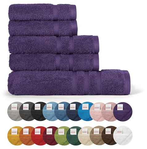 Bassetti Weiches Handtuch, 480 g, 100 % Baumwolle, 5-teiliges Set (2 x 58 x 105 cm + 2 x 38 x 55 cm + 1 x 70 x 140 cm) – Kollektion Monique – Violet La