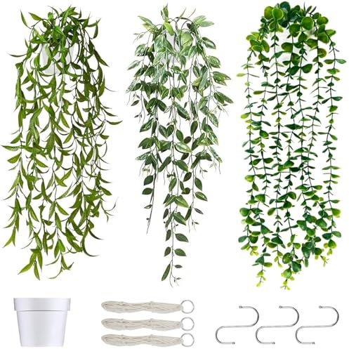 YAOYIN® 3er Set Hängepflanze Künstlich, Kunstpflanze Hängend im Topf, Künstliche Hängepflanzen Eukalyptus, Künstliche Pflanzen Wie Echt, Fake Plant für Modern Indoor Outdoor Balkon Garten Deko(60cm)