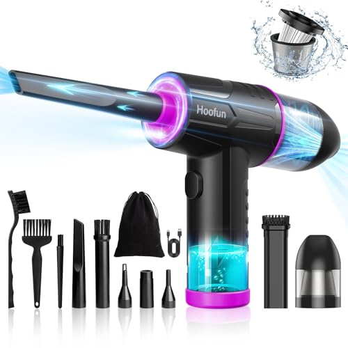 Hoofun Soplador de Polvo Eléctrico y Aspirador 2 en 1, 100000 RPM, 10Kpa Soplador Aspirador Portatil, 3 Velocidades Soplador Aire Comprimido Sin Cable con LED para PC, Sofá, Coches, Hogar 7600 m Ah
