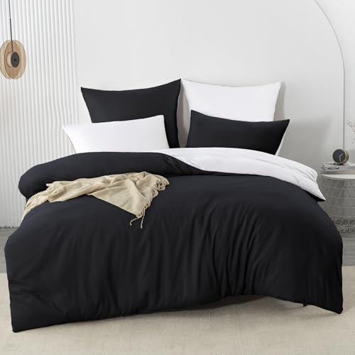 Nesture Juego de ropa de cama de 135 x 200 cm, 2 piezas, color blanco y negro, microfibra, reversible, suave y no necesita planchado, 1 funda nórdica y 1 funda de almohada de 80 x 80 cm con cremallera