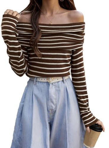 EMOTTOS Crop Tops Slim Fit pour Femmes, Mode y2k à Rayures pour Les Femmes Décontractés T-Shirt à Une épaule et Manches Longues, 2 Modèles, Noir S-L